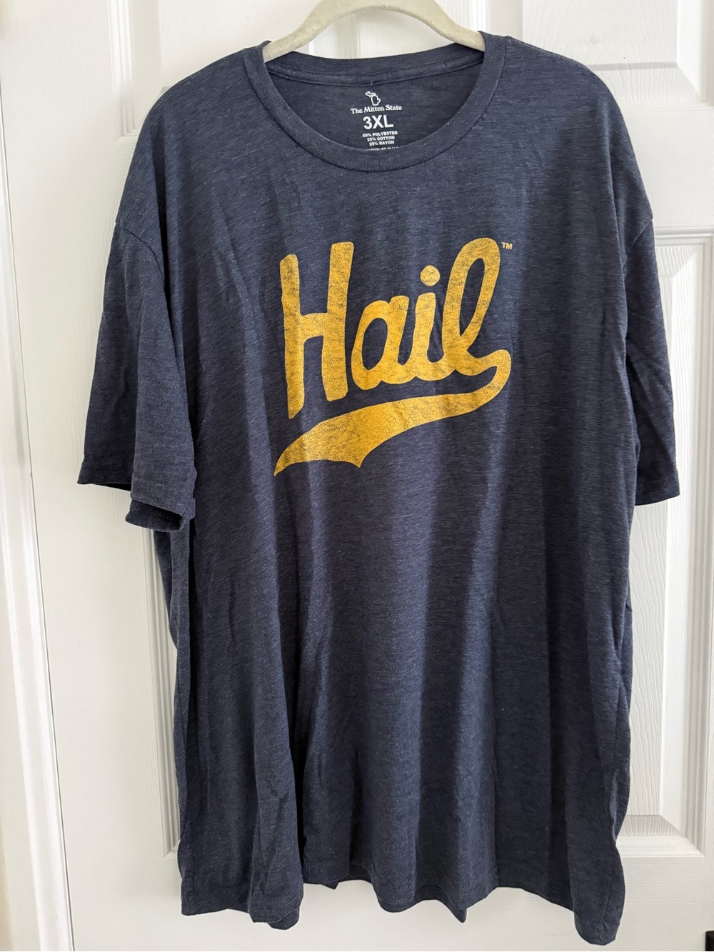 University of Michigan Hail Graphic Tee Soft - Navy Blue with Gold Script - 3XL